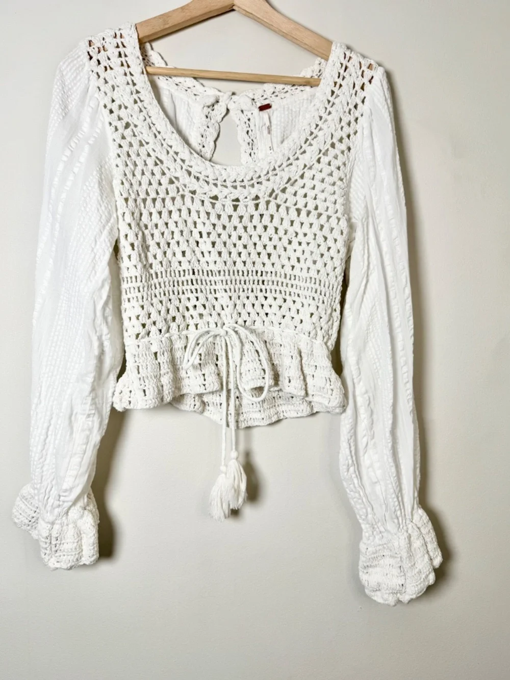 Free People Megan Crochet Top Ivory Boho Long Sleeve Blouse Cutout Sz M